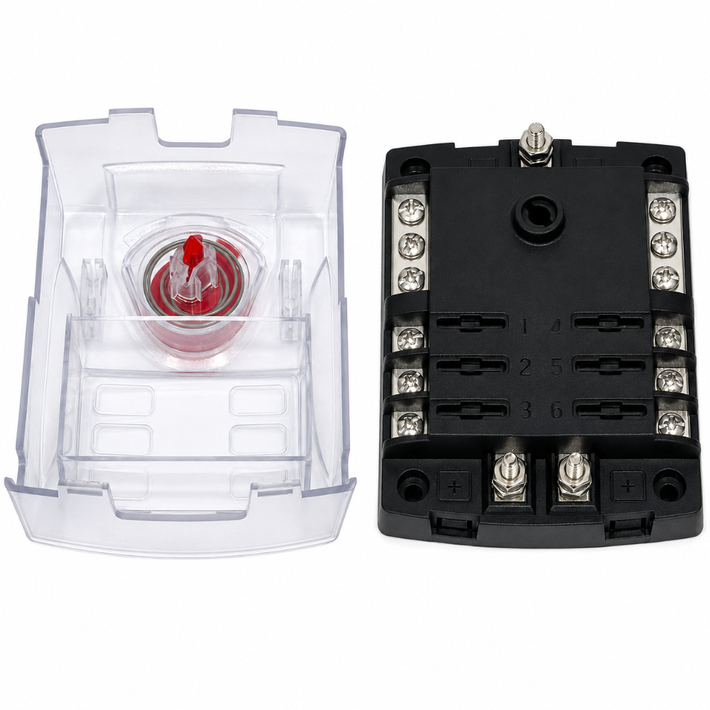 Van Master 6-Way Blade Fuse Box With Pos & Neg Busbars PN: VMG-FB6