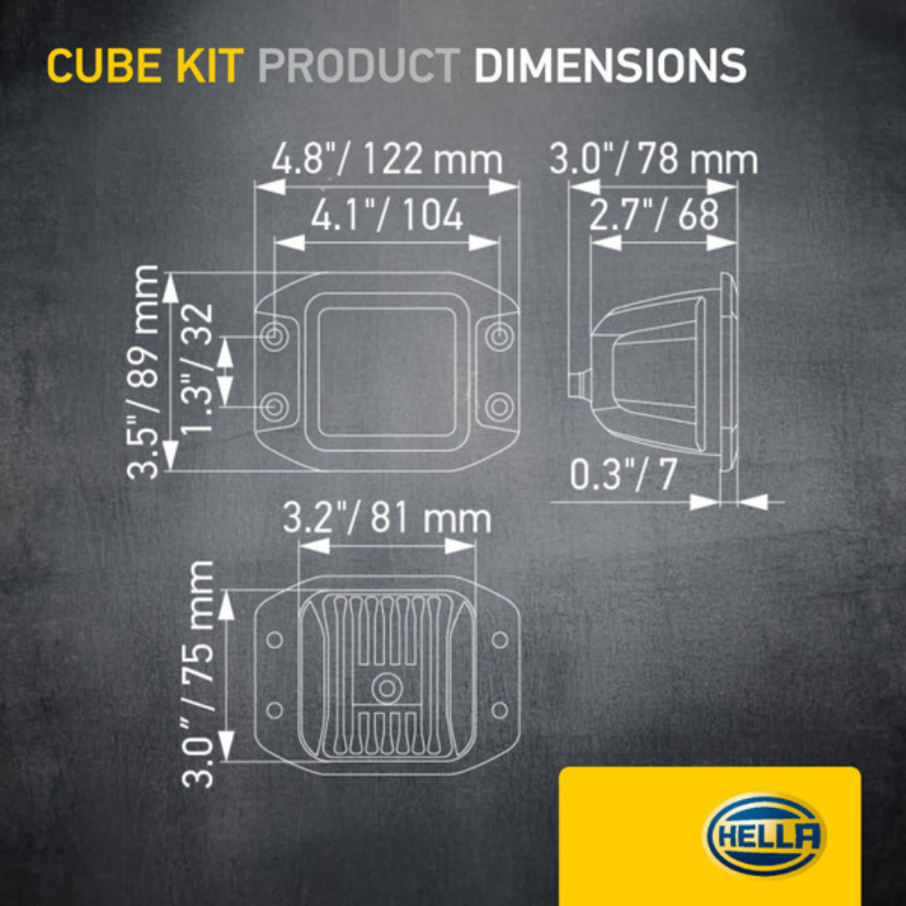 Hella Black Magic Edgeless Cube 3.2" Recessed Work Light (Flood) Kit With Harness