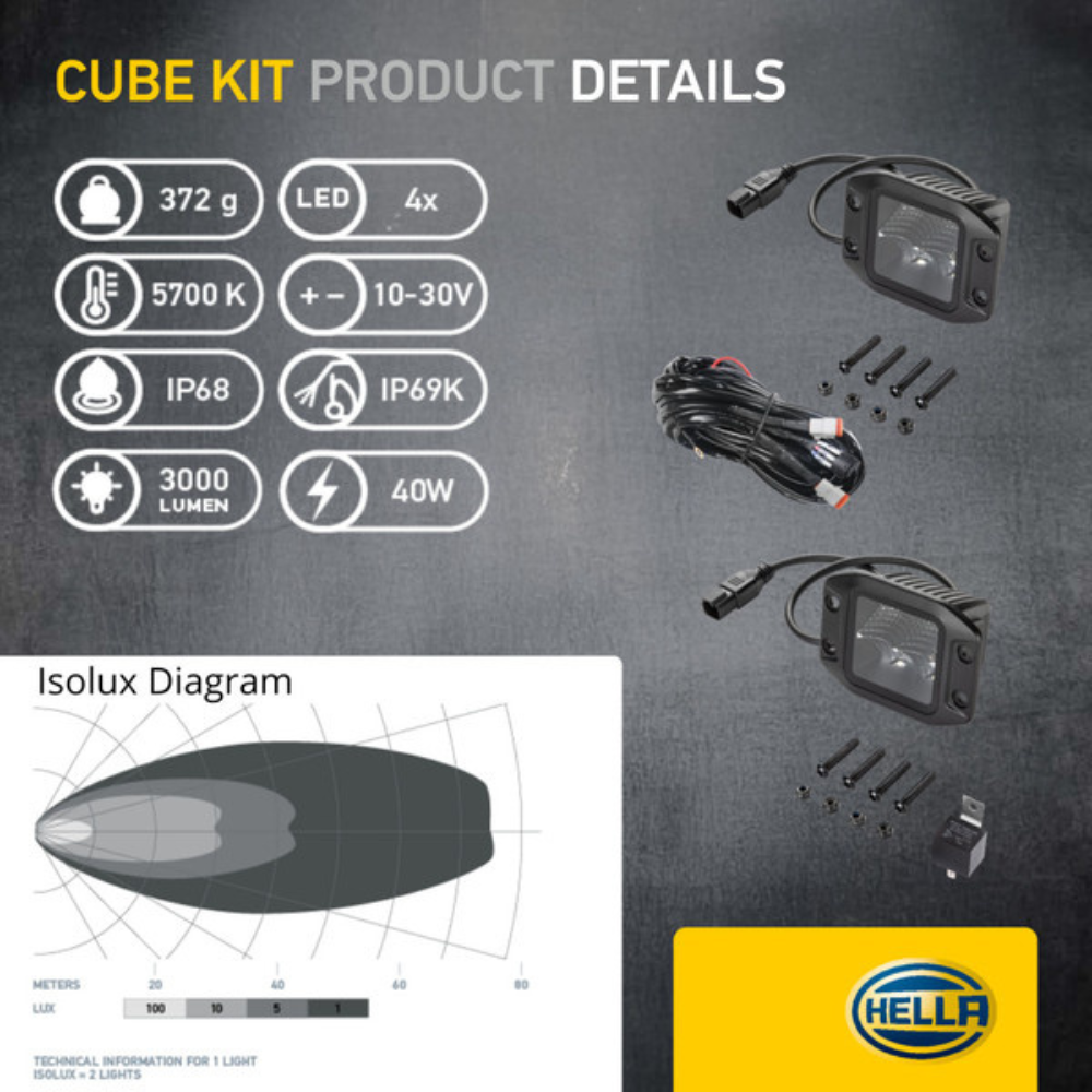 Hella Black Magic Edgeless Cube 3.2" Recessed Work Light (Flood) Kit With Harness