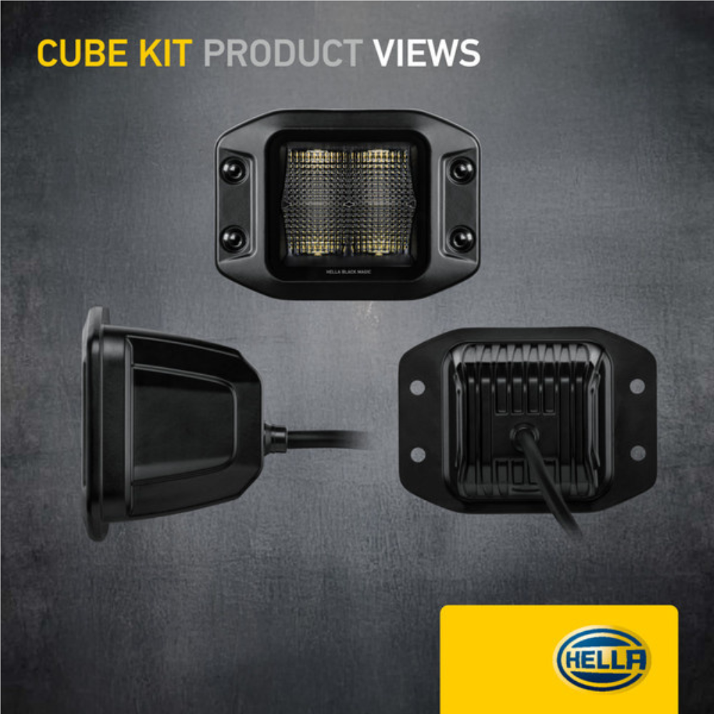 Hella Black Magic Edgeless Cube 3.2" Recessed Work Light (Flood) Kit With Harness