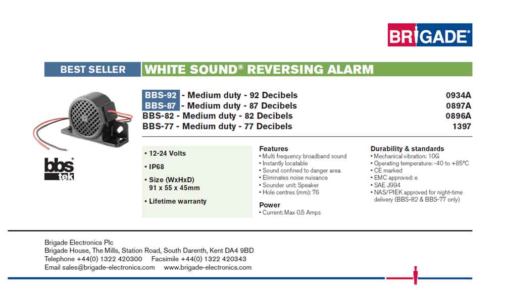 BBS-87 Brigade 87dB BBS-Tek White Sound Reversing Alarm PJN 